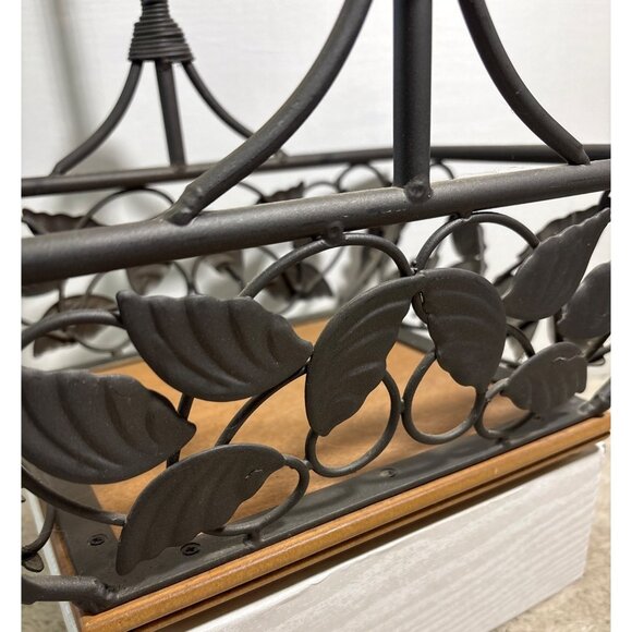 Wrought Iron Leaf Design Basket With Wooden Base 12 3/4 X 9" Heavy - Picture 2 of 13
